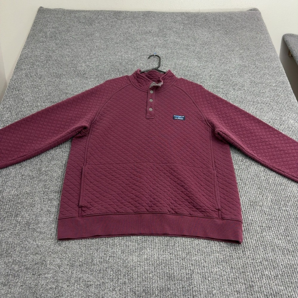 LL Bean Pullover Mens L Burgundy Cotton Quilted Snap Neck Mock Neck Outdoor